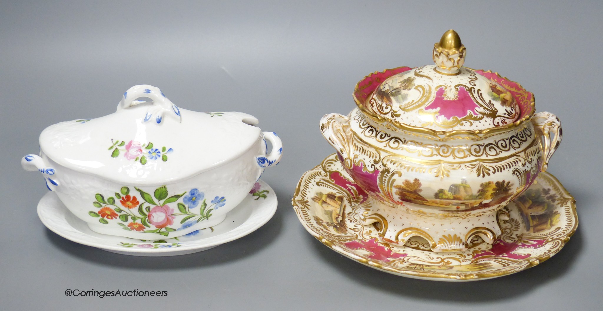 A Spode moulded sauce tureen, cover and stand painted with flowers and a Graingers Worcester sucrier, cover and stand painted with landscapes on a crimson ground